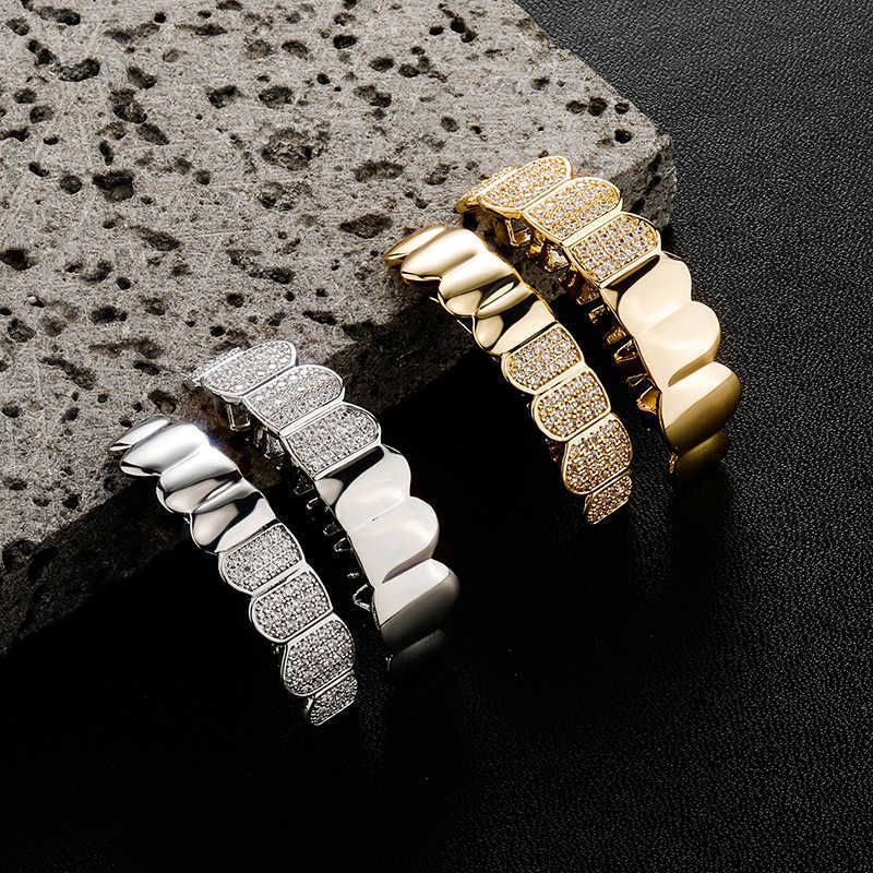 Hip Hop Up Bottom Teeth Grills Full Diamond Double Pin Big Cubic Zirconia Iced Out Vampire Fang Fake Braces Tooth Grillz Halloween Mouth 14k Real Gold