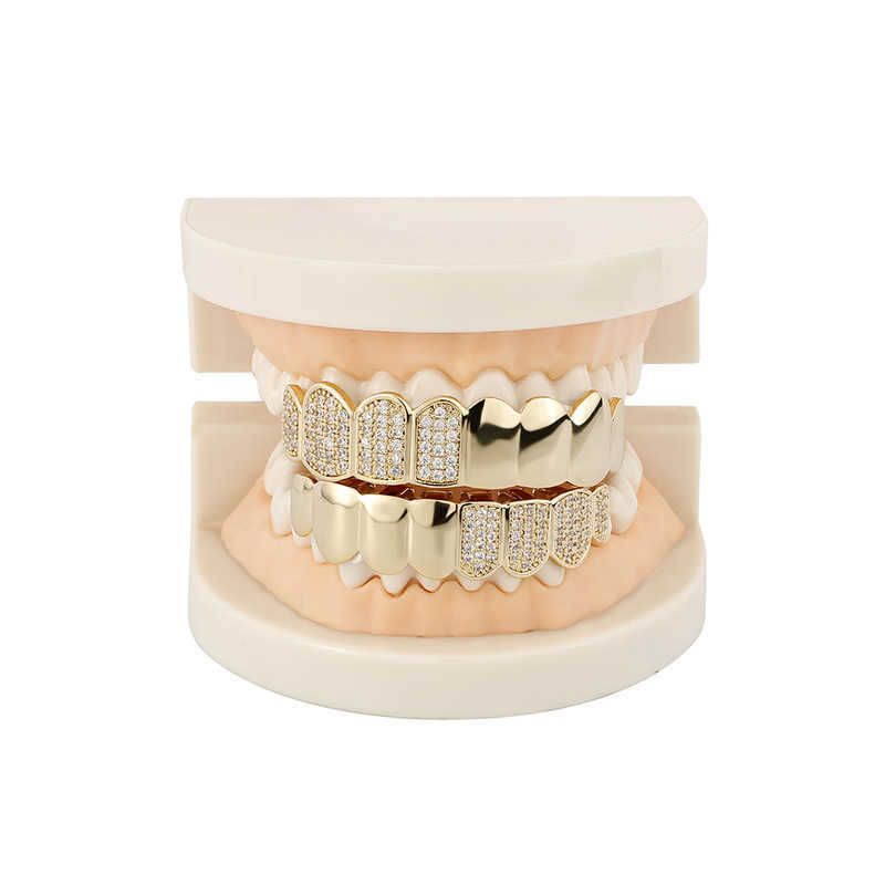 Hip Hop Up Bottom Teeth Grills Full Diamond Double Pin Big Cubic Zirconia Iced Out Vampire Fang Fake Braces Tooth Grillz Halloween Mouth 14k Real Gold