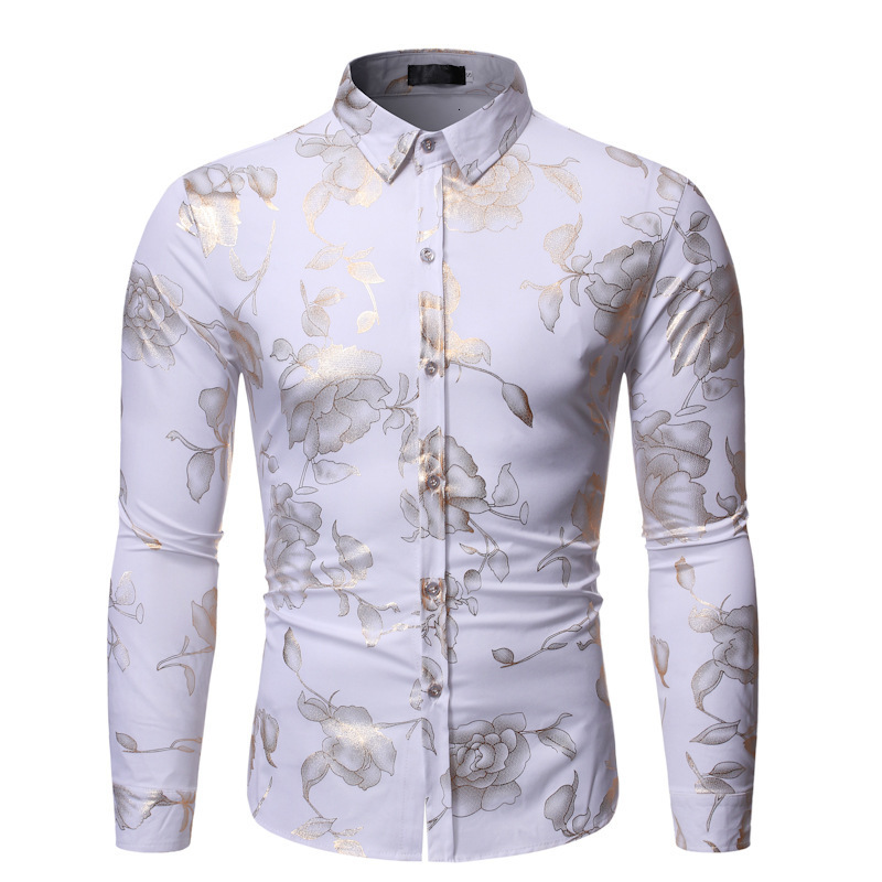 Men's Casual Shirts Pink Bronzing Floral Shirt Men Camisa Masculina Fashion Slim Fit Long Sleeve Mens Dress Shirts Business Casual Men Shirt 2305