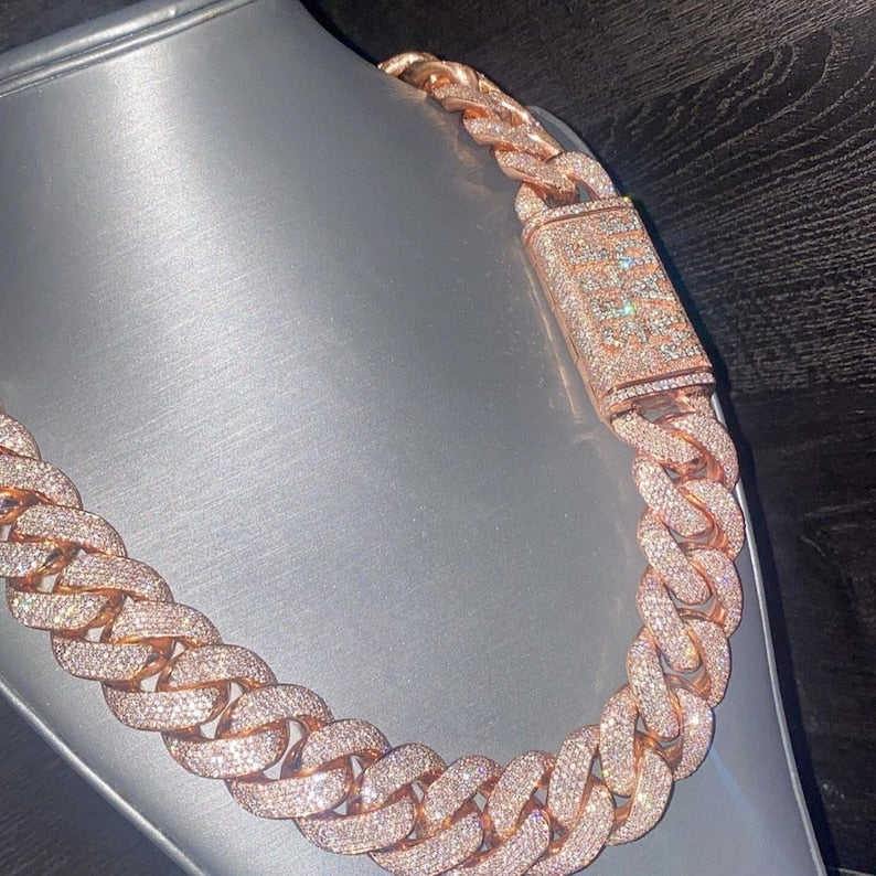 Heavy Solid 925 Sterling Silver 22mm Mens Vvs1 Round Moissanite Diamonds Studded Cuban Link Chain Icedout Rapper
