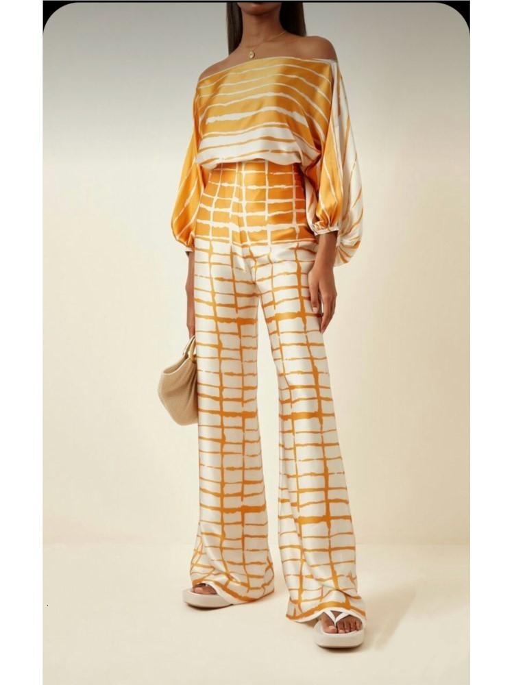Womens Two Piece Pants Chic Print Lantern Sleeve Satin Top Wide Leg Pant Suit Women Sexy Off Shoulder Long 2 Set Casual Office Lady Outfit 230504