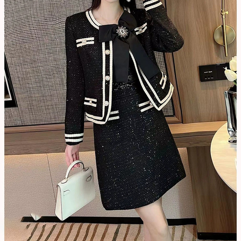 Bornladies Autumn Winter Wool Suits Women 2 Piece Set Beading Big Bowknot Tweed Short Jacket Coat + High Waist Mini Pocket Skirt 201027