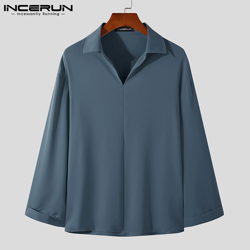 Men's Casual Shirts Solid Color Men Shirt Turn Down Collar Long Sleeve Korean Casual Men Clothing Loose Streetwear Leisure Camisa S-3XL INCERUN 2