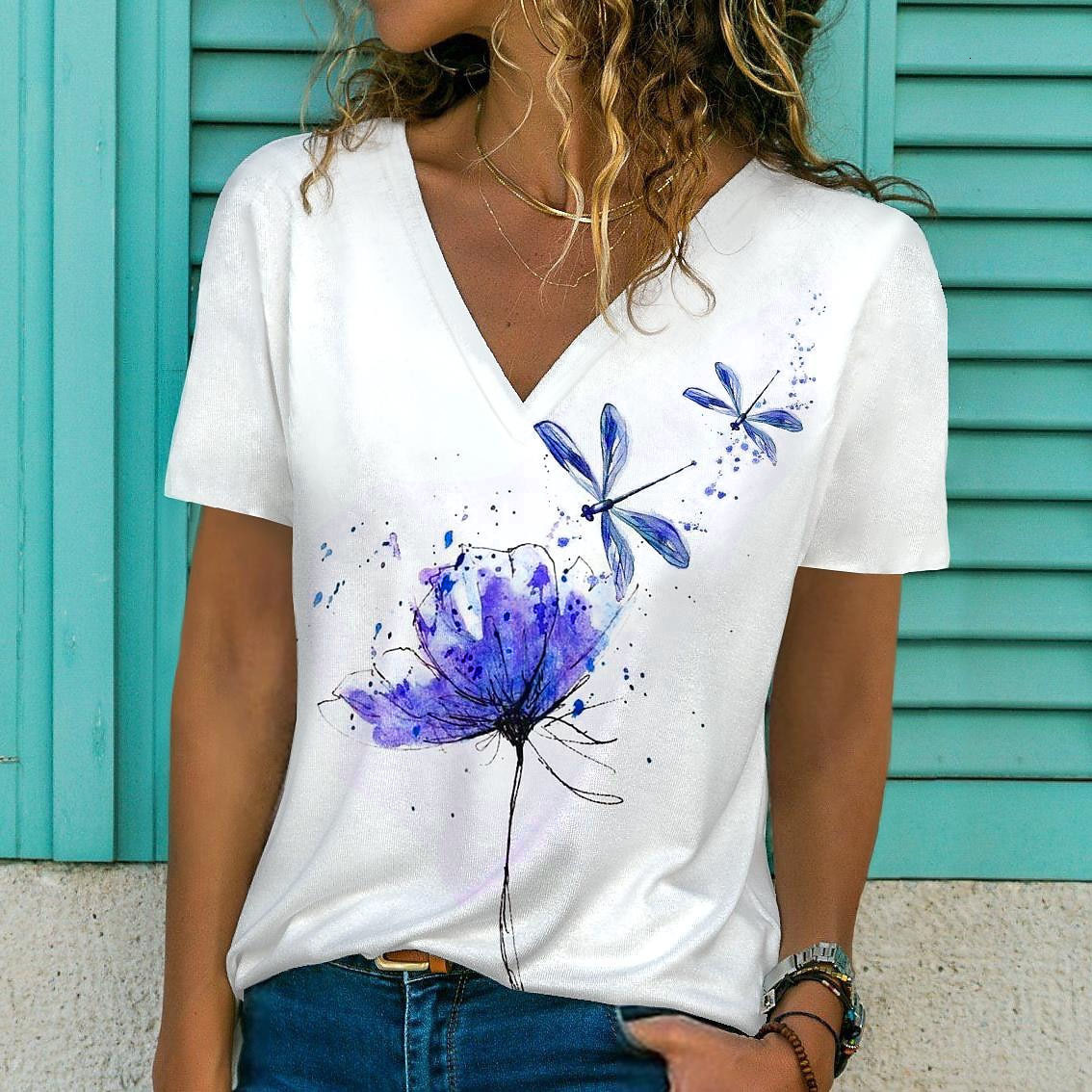 Womens TShirt Summer Women Short Sleeve Vneck Oversized T Shirt for Women White Fashion Ladies Tshirt 3d Dragonfly Print Top Casual Clothes 230503