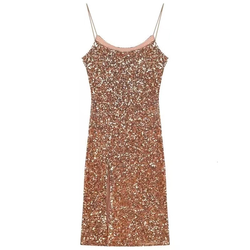 Party Dresses Gold Sequined Evening Dresses Women Square Neck Spaghetti Straps High Split Zipper Cocktail Dress Elegant Sexy Slim Prom Gown 230504