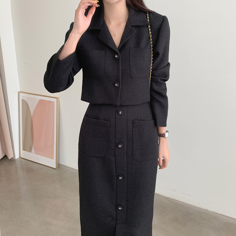 Two Piece Dress Moyizif Winter Woman Skirt Sets Lapel Pockets Solid Coat High Waist Split Skirts Two Piece Set Retro Korean Fashion Women Outfit 23050