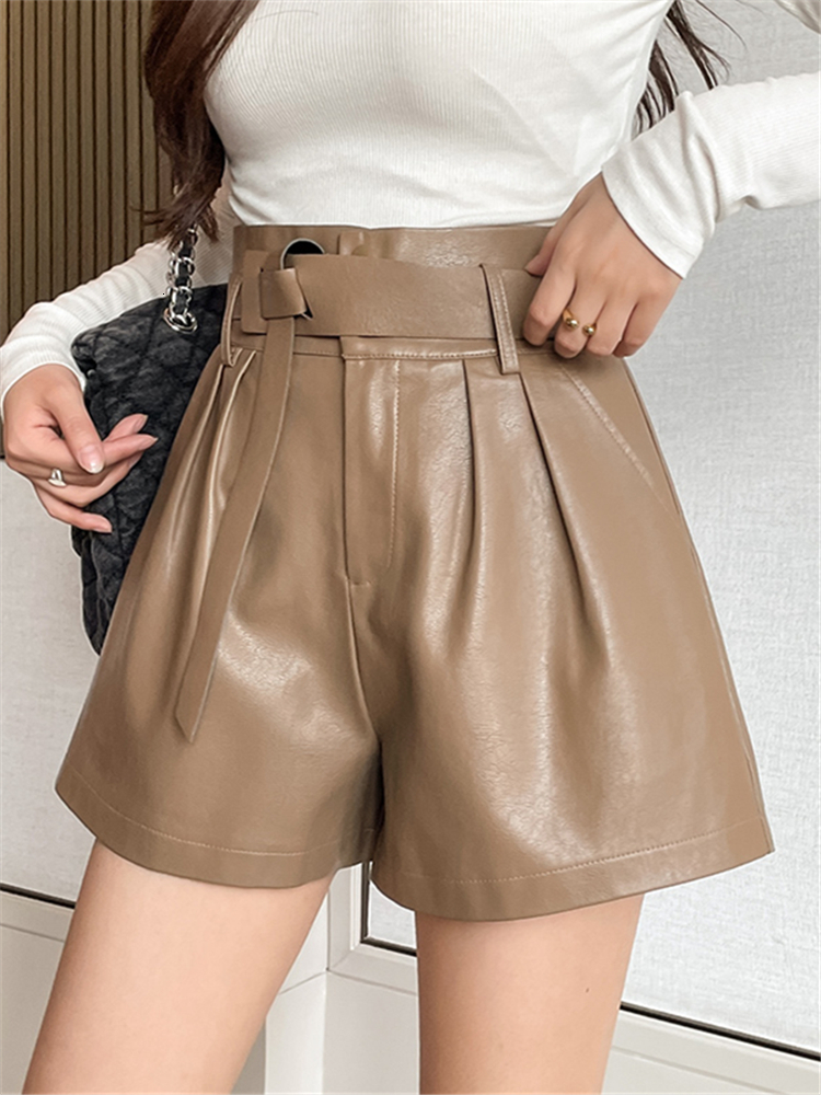 Women's Shorts REALEFT Autumn Winter Women's Faux PU Leather Shorts with Belted High Waist Ladies Elegant Short Trousers Pocket Female 23050