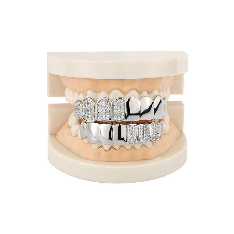 Hip Hop Up Bottom Teeth Grills Full Diamond Double Pin Big Cubic Zirconia Iced Out Vampire Fang Fake Braces Tooth Grillz Halloween Mouth 14k Real Gold