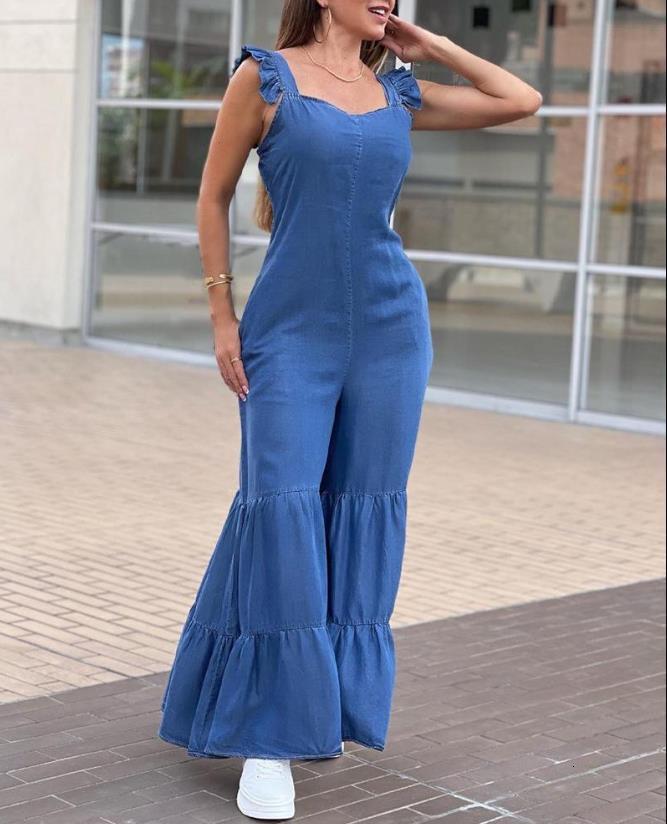 Women's Jumpsuits Rompers Women's Jumpsuit Summer Fashion Sleeveless Frill Hem Shirred Casual Sweetheart Neck Plain Wide Leg Long Flared Leg