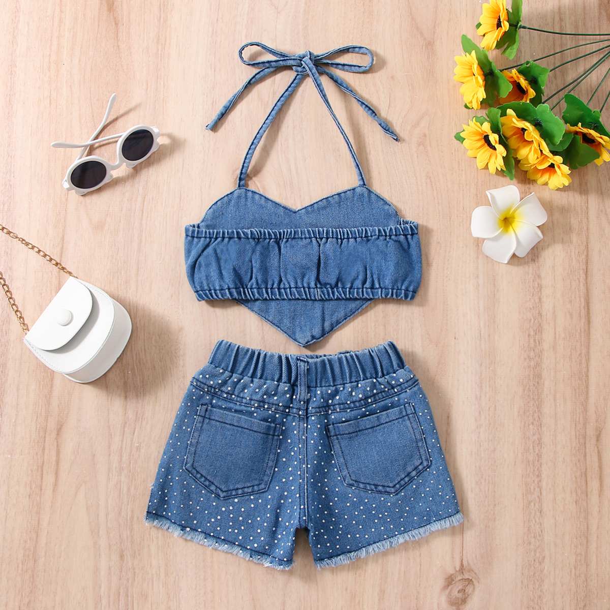 Clothing Sets FOCUSNORM Valentines Day Toddler Girl Summer Clothes 2pcs Dot Print Heart Denim Camisole Ripped Jeans Shorts 230504