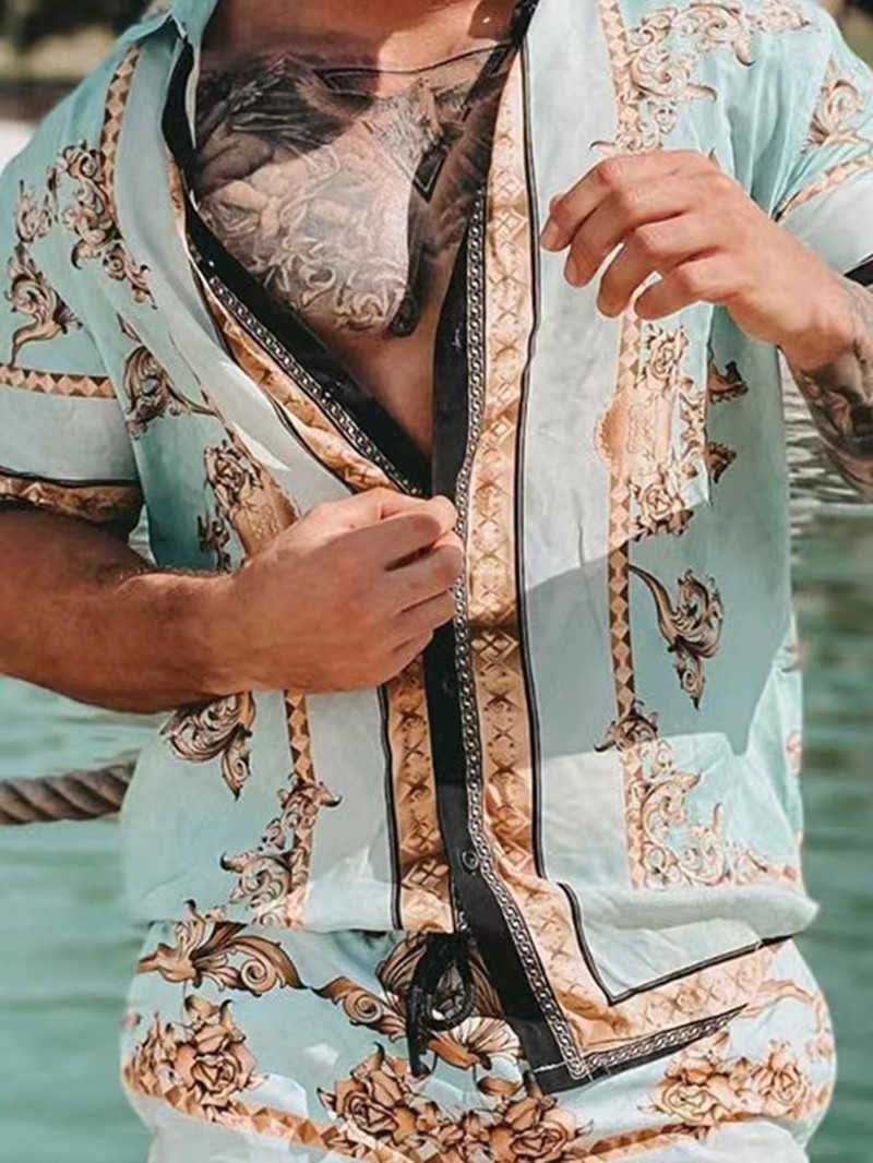 Men's Casual Shirts New men's printed Haiian Suit 2023 Summer Short sleeve button up shirt Beach Shorts Street Casual men's suit 2pcs J