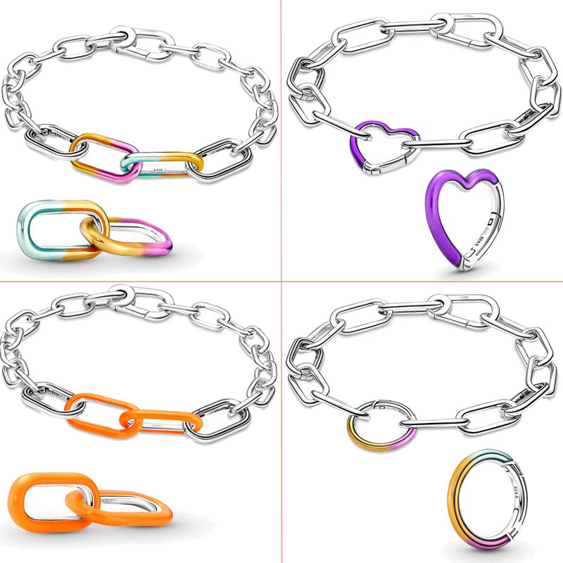 925 Sterling Silver Charm Tie-dye Double Link Orange Link Purple Heart Connector Charms 2023 Summer Fit Original Me Bracelet Jewelry DIY 1