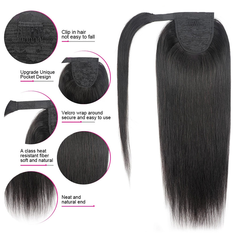 Brazilian Human Ponytails Virgin Hair Extensions Magic Sticker Ponytail 8-24Inch Natural Color 75-100G