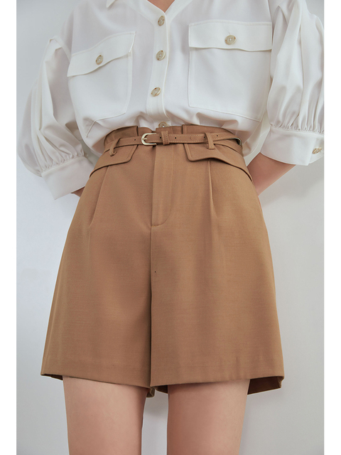 Women's Shorts FSLE High Waist Summer Casaul Shorts Women Belt Pleated Wide Leg Black Shorts Office Lady Elegant Green Short Pants Female 230504