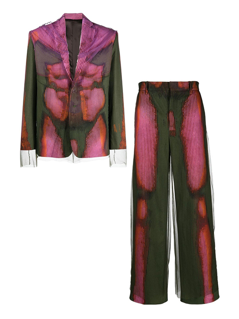 Womens Two Piece Pants TWOTWINSTYLE Print Sets For Women Notched Collar Long Sleeve Tops High Waist Wide Leg Summer Set Female Fashion 230504