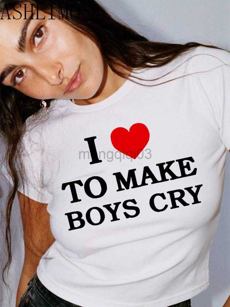 Women's T-Shirt Women Y2k Crop Tops I Love To Make Boy Cry Letter Print Harajuku Summer T-Shirt Short Sleeve Funny Kaii Streetwear Cropped Top Y2