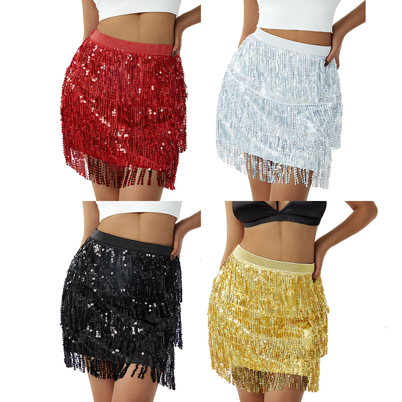 Skirts Women Sequined Fringe Skirt Glitters Elastic Waist Miniskirt Mini Skirt for Dance Rave Party BlackSilverGoldRed 230503