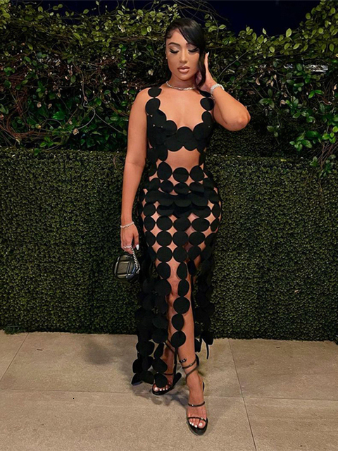 Casual Dresses Hugcitar Halter Black Backless Hollow Out Hole Tassel Sexy Maxi Dress Slim Summer Fashion See Through Festival Nightclub Clothes 230504