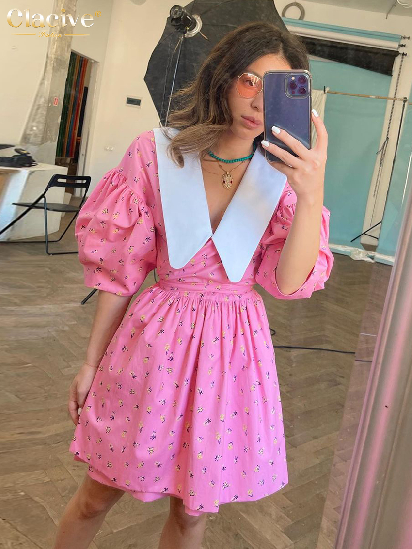 Casual Dresses Clacive Fashion Slim Print Women Summer Doll Collar Short Sleeve Mini Elegant High Waist Pleated Female 230504