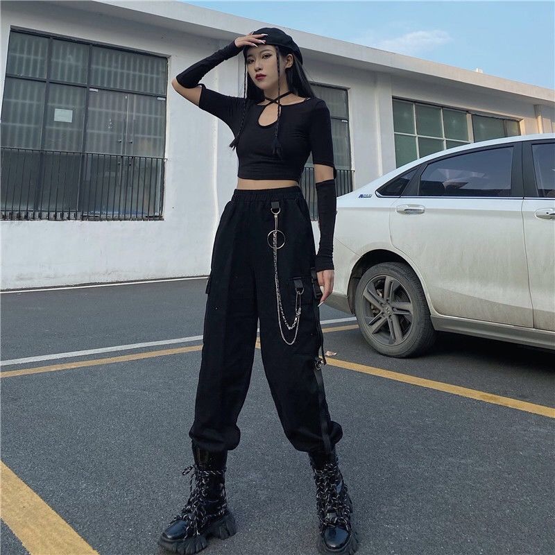 Women's Pants Capris Women Gothic Harajuku Black Chain Cargo Pants Women Streetwear Korean Style Oversize Harem Pants Goth Punk Female Trousers 2