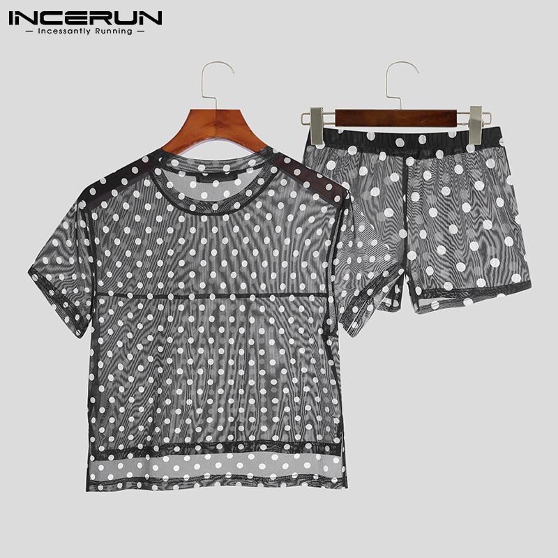 Men's Sleepwear INCERUN Sexy Fashion Men's See Through Pajama Sets Short Sleeve Polka Dot Shirts Shorts Male Nightgown Loungewear S-5XL 2305