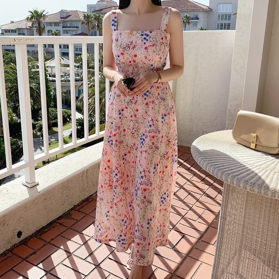 Casual Dresses Sweet Romantic Print Chiffon Womens Light Summer Daily Korean Pink Long Elegant Beach White 230504