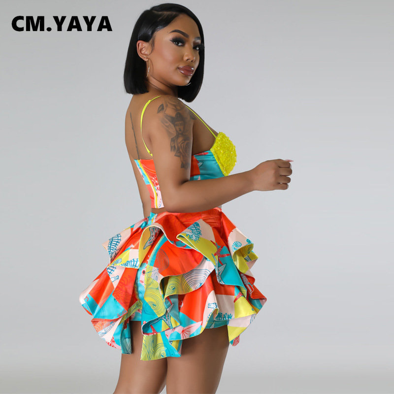 Women s Two Piece Pants CM YAYA Set Sequined Crop Top and Starfish Cascading Ruffles Skirt Shorts 2023 Beach Outfit 2 Tracksuit 230522