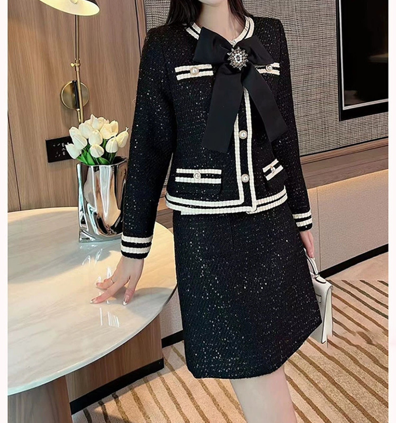Bornladies Autumn Winter Wool Suits Women 2 Piece Set Beading Big Bowknot Tweed Short Jacket Coat + High Waist Mini Pocket Skirt 201027