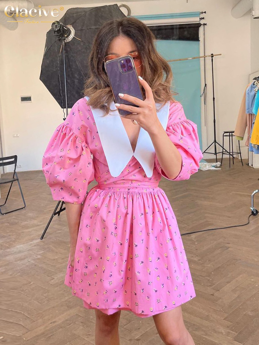 Casual Dresses Clacive Fashion Slim Print Women Summer Doll Collar Short Sleeve Mini Elegant High Waist Pleated Female 230504