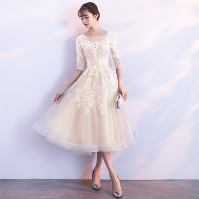 Party Dresses Evening Dress Style Illusion O-neck Half Sleeve a Line Prom Party Dress Appliques Flower Tea Length Robe De Soiree 230504