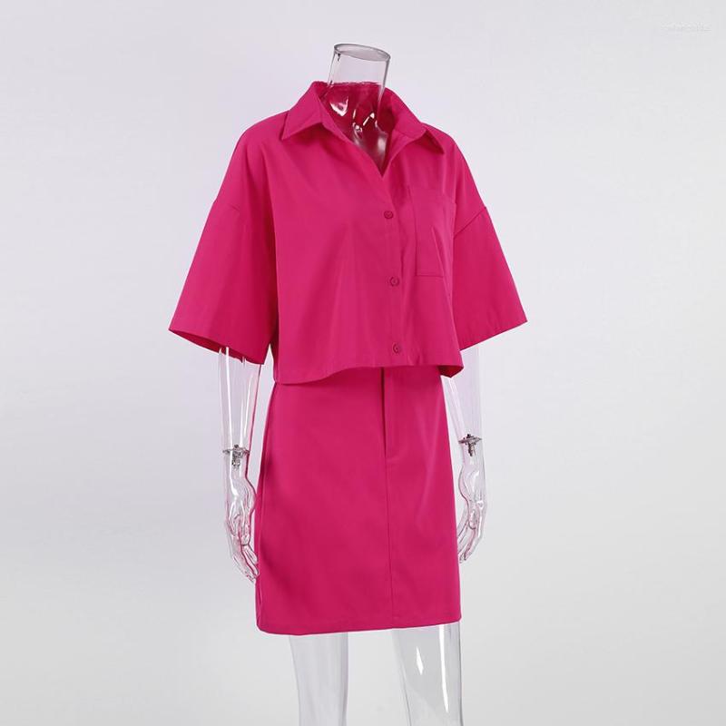 Work Dresses 2023 High Street 2 Pieces Skirts Sets Lapel Short Sleeve Shirts Outwear Summer Outfit Waist A-Line Mini Suits Women