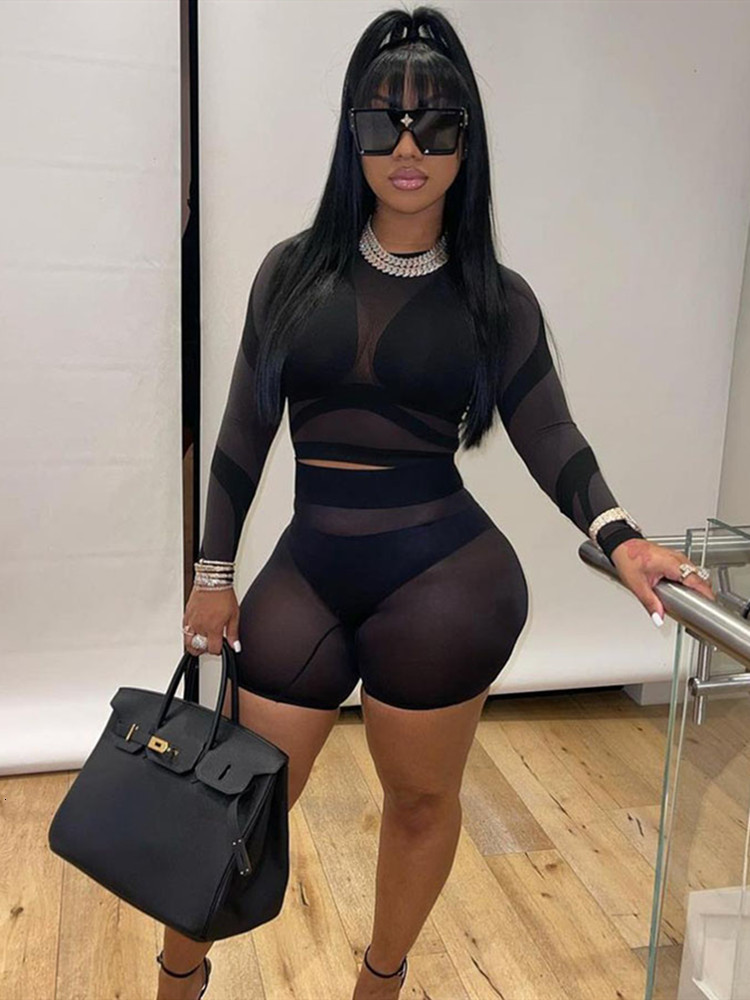 Women's Two Piece Pants hirigin Mesh Patchwork 2 Pieces Long Sleeve Tank Top Biker Shorts Set See Through Sheer Skinny Sexy Summer Tracksuit 2305