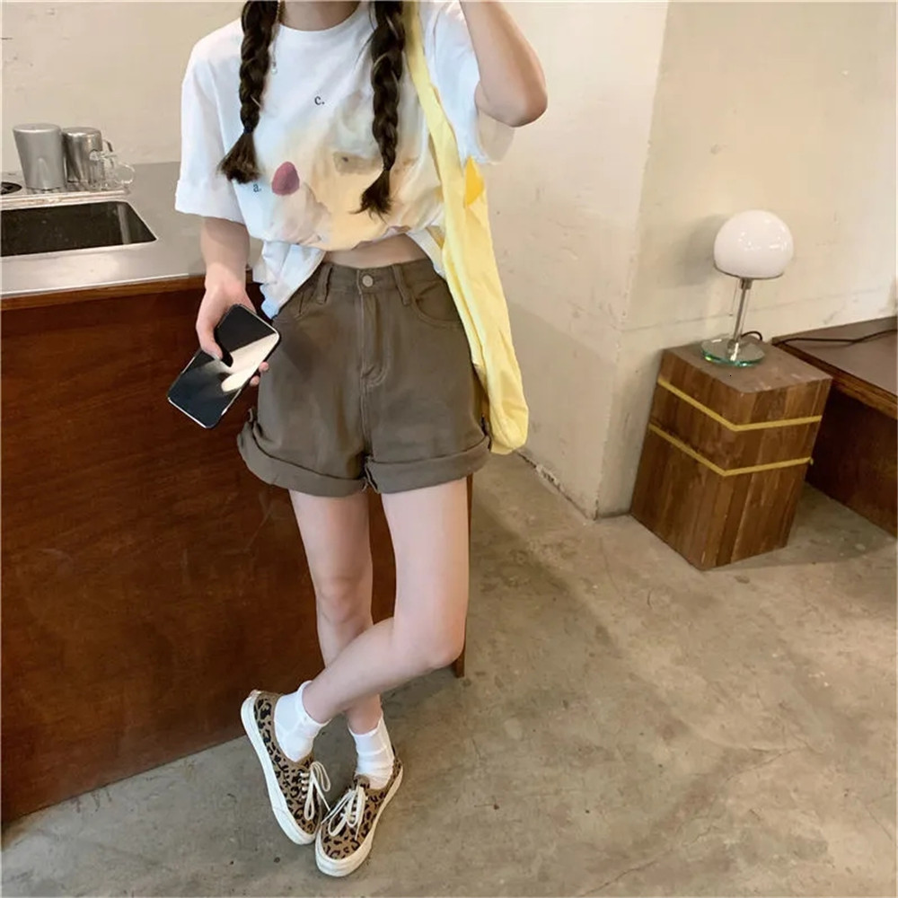 Women's Shorts Brown Rolled Wide-Leg Denim Shorts Women Korean Retro High Waist Casual Jeans Pants Korean Summer Loose A Line Shorts Femme 230504