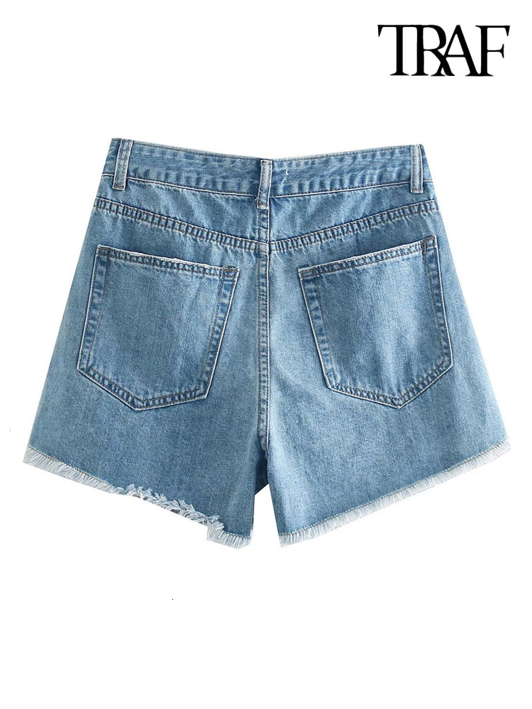 Women's Shorts TRAF Women Fashion With Frayed Tassel Ripped Denim Shorts Vintage Mid Waist Zipper Fly Female Short Jeans Mujer 230504