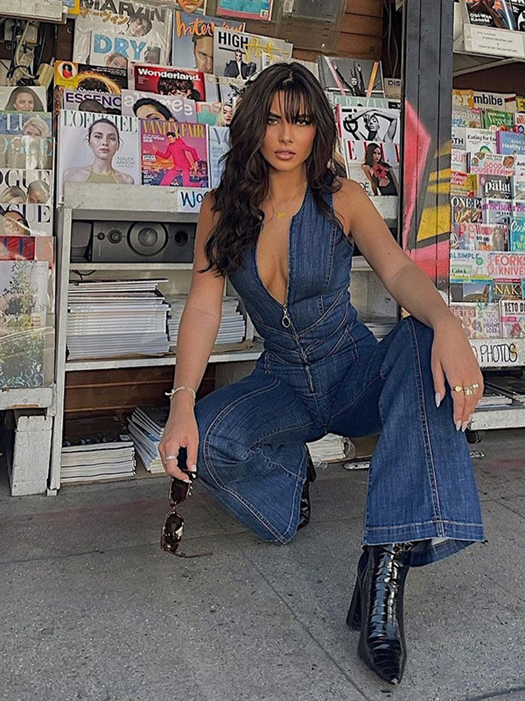 Women's Jumpsuits Rompers Blue Backless Heart Cutout Bodycon Jumpsuit For Women Summer Sleeveless Slim Outfits Retro Denim Jumpsuits 230503