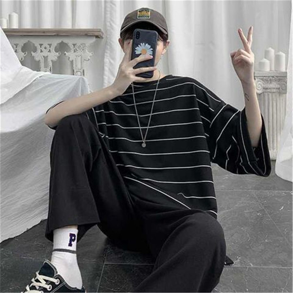 Men's T-Shirts Cool Summer Oversized T-Shirt Men Funny Harajuku Tshirt Streetwear Femme Striped Japan Hip Hop Loose Half Sleeve T Shirts Male 230