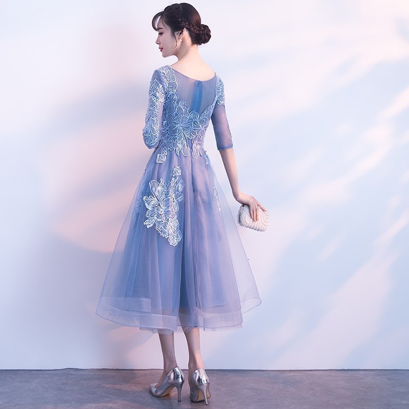 Party Dresses Evening Dress Style Illusion O-neck Half Sleeve a Line Prom Party Dress Appliques Flower Tea Length Robe De Soiree 230504