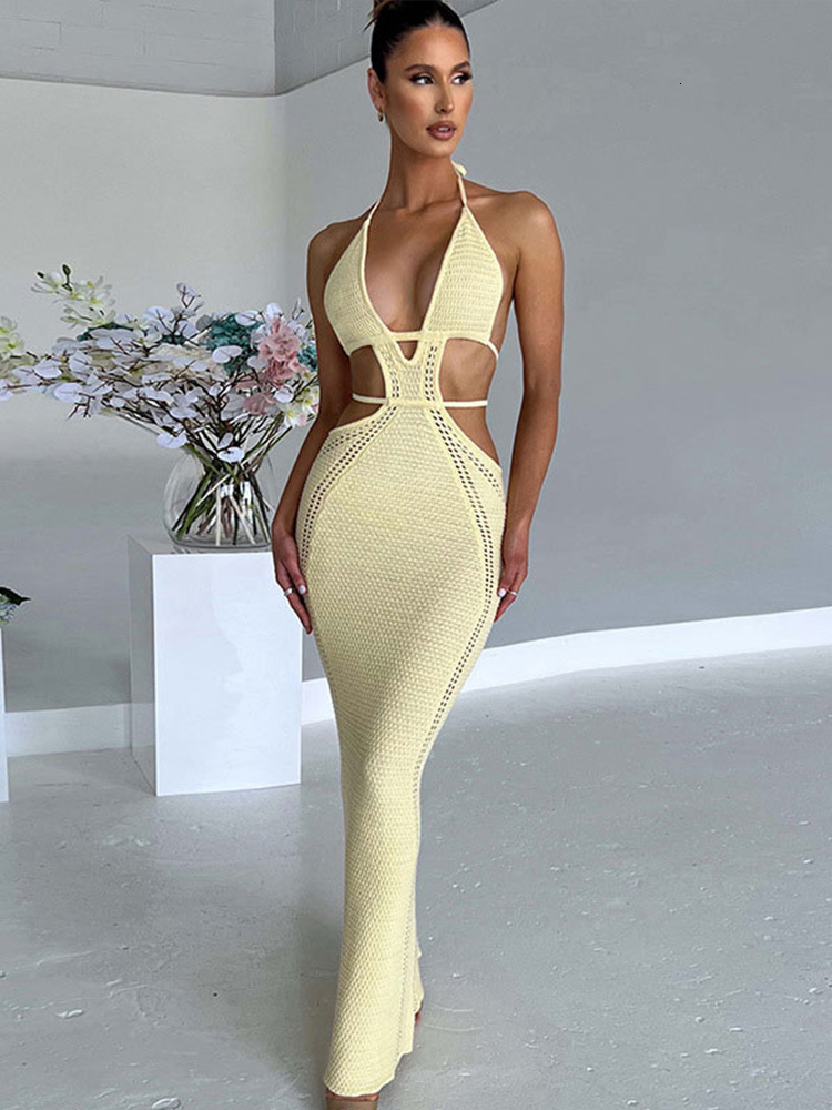 Casual Dresses Hollow Out Halter Knitted Maxi Dress Sexy Solid Lace Up Backless Sleeveless Bodycon Female Elegant Beach Vestidos 230504