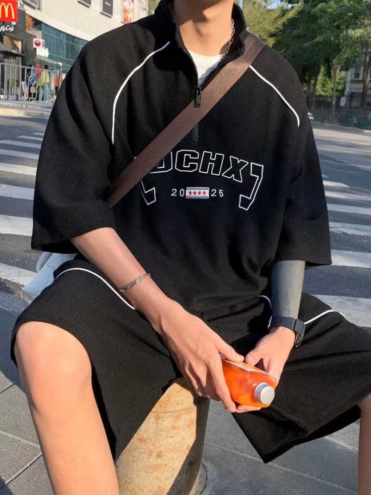 Men's Casual Shirts Waffle Casual Sports Suit Men's Korean Summer Hip Hop Trendy Handsome Shortsleeved Tshirt Shorts High Street Twopiece Su