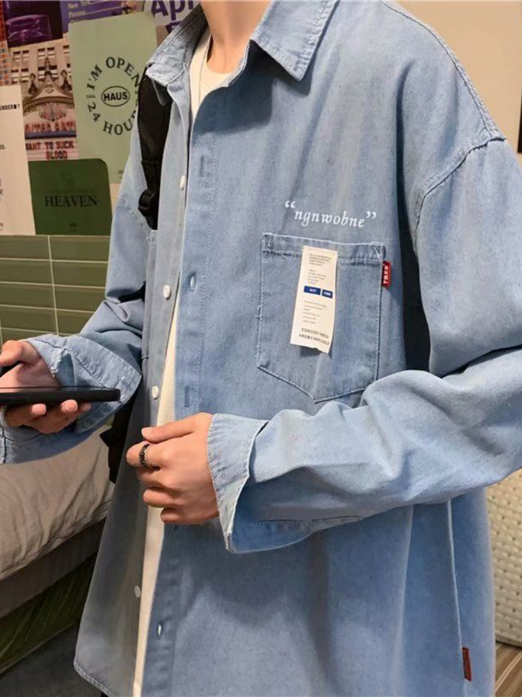 Men's Casual Shirts Gmiixder Denim Shirt Men's Long-sleeved Korean Trend High-end Tooling Shirt Hong Kong Style Japan Spring Autumn Casual J