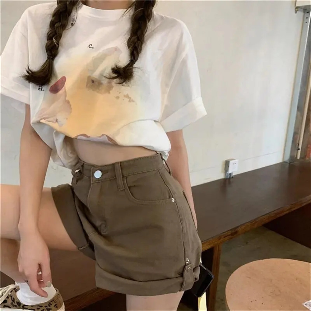 Women's Shorts Brown Rolled Wide-Leg Denim Shorts Women Korean Retro High Waist Casual Jeans Pants Korean Summer Loose A Line Shorts Femme 230504