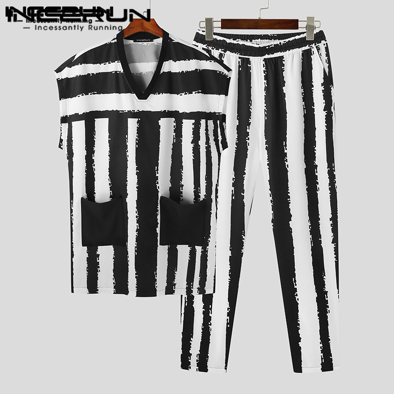 Mens Tracksuits Men Sets Printing Loose V Neck Short Sleeve T Shirt Pants Two Pieces Streetwear Vintage Casual Suits INCERUN 230504
