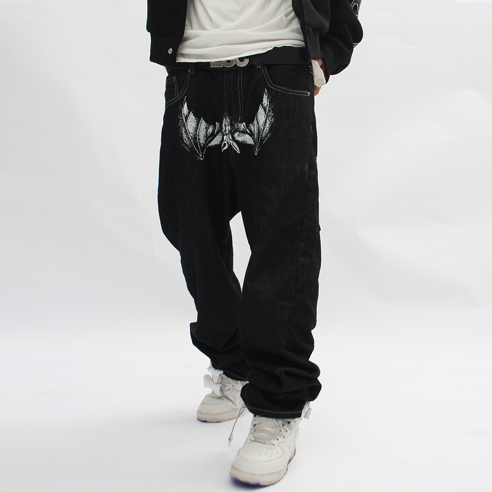 Casual ins high street black straight face printing basic washed baggy jean for men