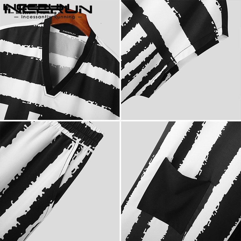 Mens Tracksuits Men Sets Printing Loose V Neck Short Sleeve T Shirt Pants Two Pieces Streetwear Vintage Casual Suits INCERUN 230504