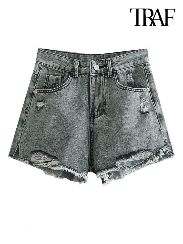 Women's Shorts TRAF Women Fashion With Frayed Tassel Ripped Denim Shorts Vintage Mid Waist Zipper Fly Female Short Jeans Mujer 230504