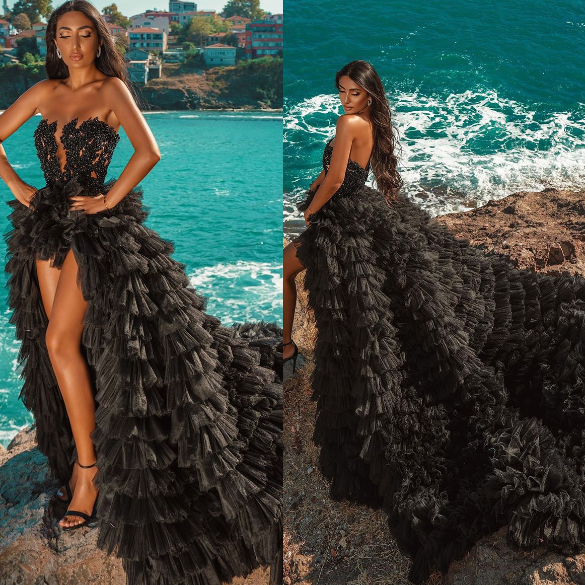 Graceful Black Prom Dresses Strapless Beading Party Dresses Tiered Ruffles Hi-Lo Custom Made Evening Dress