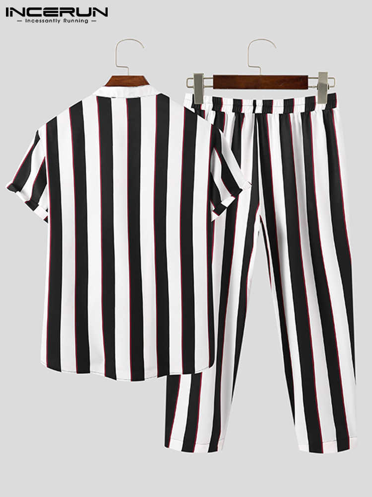 Men's Casual Shirts Fashion Men Striped Sets Streetwear Lapel Short Sleeve Shirt Long Pants Two Pieces Sets 2023 Men Casual Suits S5XL 7 J230503