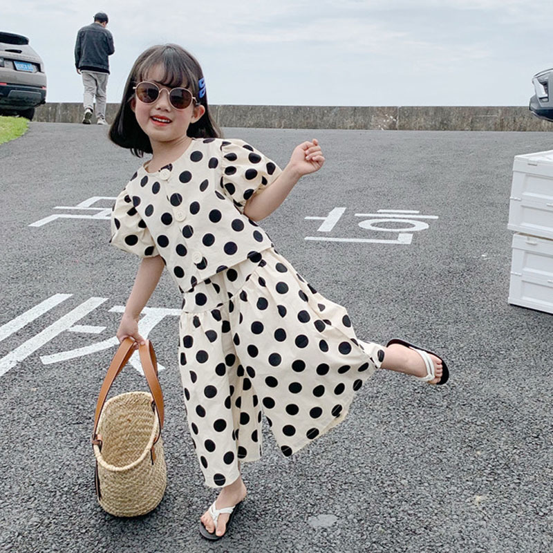 Clothing Sets Summer Girls Fashion Single breasted Polka Dot Shirt Top Culottes Baby Kids Clothes Suit Children 230504