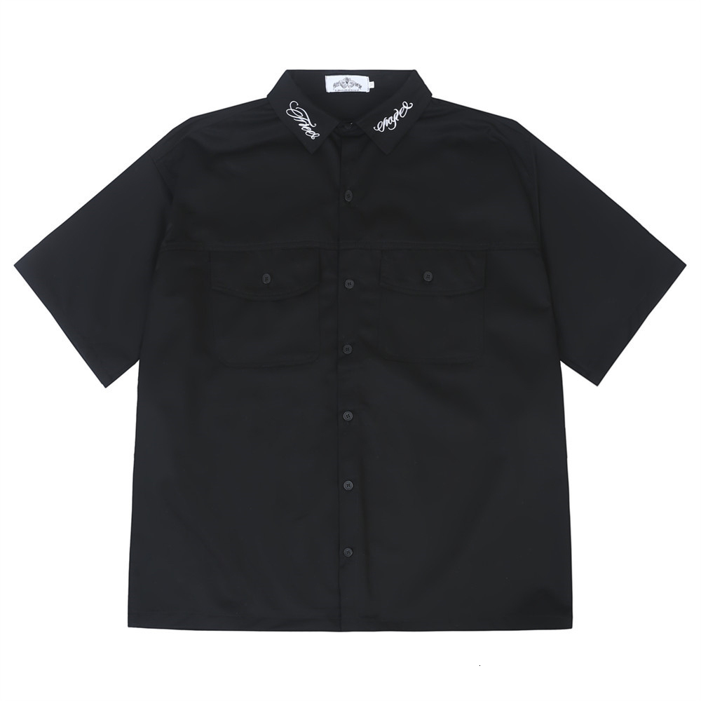 Mens Casual Shirts American Street Letter Embroidery Shortsleeved Shirt Summer Hiphop Tattoo Lapel Halfsleeved Chicano Top Clothing 230504