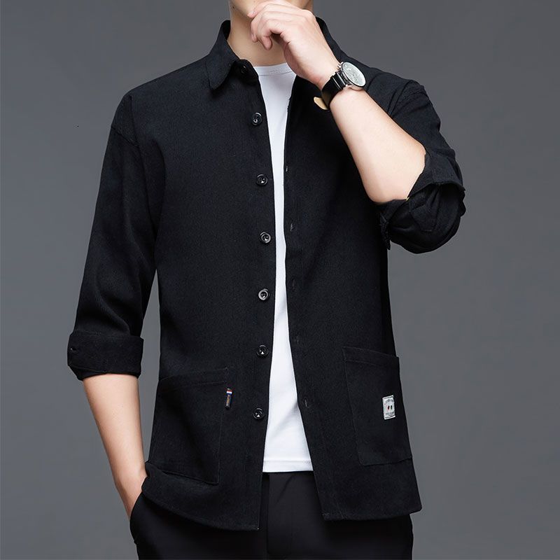 Men's Casual Shirts Stylish Solid Color Lapel Button Spliced Pockets Shirt Men's Clothing Autumn Oversized Casual Tops Loose Korean Shirts 2